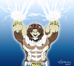 abs anthro armor bottomwear bracers brown_hair clothing electricity fur glowing glowing_eyes hair lightning male mane multicolored_body multicolored_fur muscular muscular_anthro muscular_male pecs tan_body tan_fur two_tone_body two_tone_fur xxsparcoxx zeus_(xxsparcoxx) deity felid lion mammal pantherine 2019 digital_media_(artwork)