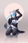 anthro bell black_nipples breasts clothing collar exposed eyewear female glasses gun melee_weapon moon nipples ranged_weapon science_fiction solo suit sword tail weapon pranktail ultimawolf canid canine fox mammal