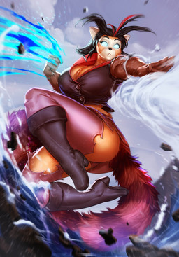anthro big_breasts biped black_hair black_nose blind boots bottomwear breasts cleavage clothed clothing disability elemental_manipulation female footwear hair high_heeled_boots high_heels legwear midriff multicolored_hair panties red_hair shirt shoes skirt solo thigh_highs topwear two_tone_hair underwear water_manipulation mr._mist avatar:_the_last_airbender nickelodeon akamii domestic_ferret mammal mustelid musteline true_musteline weasel 2018 hi_res