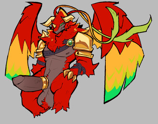 4_eyes accessory anthro balls belt big_balls big_penis cock_ring feathers genitals horn jewelry male multi_eye penis penis_accessory penis_jewelry red_body red_feathers shoulder_armor solo underbelly wings trueblue3d mythology yharon_(calamity_mod) dragon mythological_creature mythological_scalie scalie