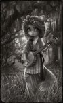 accessory anthro banjo_(instrument) biped clothed clothing dress female flower flower_crown flower_in_hair forest fully_clothed hair hair_accessory holding_banjo holding_musical_instrument holding_object lace musical_instrument plant plucked_string_instrument solo standing string_instrument tree whiskers tracy_j._butler lackadaisy mitzi_may domestic_cat felid feline felis mammal digital_media_(artwork) full-length_portrait greyscale monochrome portrait