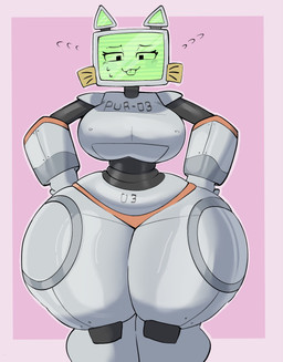 anthro big_breasts blush bodily_fluids breasts eyelashes fake_whiskers female for_a_head green_face green_inner_ear green_screen grey_body huge_breasts machine metallic_body name_tag noseless note number post-it_note screen screen_face simple_background solo sweat tailless thick_thighs tongue tongue_out wide_hips katzumaki pur_03 domestic_cat felid feline felis mammal monitor_head object_head robot robot_anthro screen_head 2026 digital_drawing_(artwork) digital_media_(artwork) hi_res
