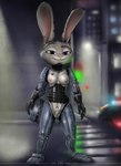 anthro breasts cybernetic_arm cybernetic_leg cybernetic_limb female fur genitals grey_body grey_fur machine nipples pink_nose pubes purple_eyes pussy solo dragonnetstorm disney robocop_(franchise) zootopia judy_hopps robocop lagomorph leporid mammal rabbit robot hi_res