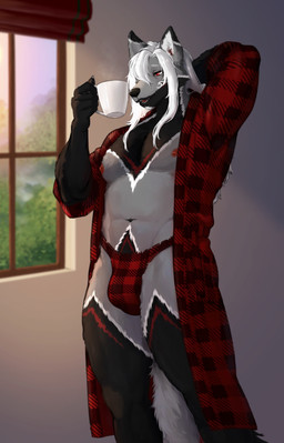 anthro bathrobe big_bulge black_body black_fur bulge claws clothing coffee_mug facial_hair fur goatee grey_body grey_fur hair hot_drink interior_background long_hair male markings morning muscular muscular_male navel nipples open_mouth pattern_clothing plaid plaid_bathrobe plaid_clothing plaid_jockstrap red_eyes red_markings red_nipples red_tongue robe solo stretching tired_eyes tongue white_claws white_facial_hair white_goatee white_hair white_markings window lulywoolf jace_ehnon canid canine fox mammal absurd_res hi_res