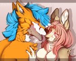 anthro blue_body blue_eyes blue_fur blush brown_body brown_fur duo female fur hair heart_symbol kissing male male/female pink_hair pink_tongue tongue yellow_body yellow_fur korka canid lagomorph leporid mammal rabbit hi_res