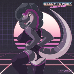 1980s_theme anthro athletic athletic_anthro athletic_female big_breasts black_bottomwear black_bra black_clothing black_legwear black_sports_bra black_thigh_highs black_underwear blep bottomwear bra breasts butt clothing female fingers furgonomic_bottomwear furgonomics grey_body grey_hair hair head_turned humanoid_hands legwear long_hair long_tail looking_at_viewer looking_back markings non-mammal_breasts pose pupils rear_view slit_pupils solo sports_bra standing striped_markings stripes synthwave tail text thigh_highs tongue tongue_out underwear yellow_eyes thacurus aurelia_(thacurus) dinosaur dromaeosaurid prehistoric_species reptile saurischian scalie theropod 1:1 artist_name colored portrait shaded three-quarter_portrait watermark