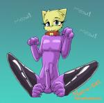 anthro balls blue_eyes clothing erection foreskin fur genitals hypno_goo latex male penis slime smile solo nana_gel gold_kitty_gel domestic_cat felid feline felis mammal absurd_res hi_res