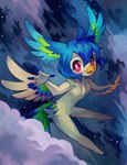 2018 5_fingers ambiguous_anthro ambiguous_gender anthro avian beak blue_body blue_fur chest_tuft chibi cloud detailed_background extyrannomon_(artist) feathered_arms feathers fingers flying fur hi_res kemono looking_at_viewer multicolored_body multicolored_fur night perico red_eyes sky skyscape solo star starry_sky tuft white_body white_fur