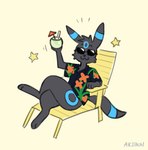 :3 aloha_shirt anthro anthrofied beach_chair beverage black_body black_fur blue_markings bottomless clothed clothing coconut coconut_drink crossed_legs drupe_(fruit) eyewear food fruit fur male markings pattern_clothing pattern_shirt pattern_topwear plant pokemorph shirt solo star sunglasses tail topwear akibun nintendo pokemon alex_(epic_alex_furry) eeveelution generation_2_pokemon pokemon_(species) shiny_pokemon umbreon 2024 colored digital_drawing_(artwork) digital_media_(artwork)