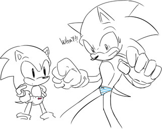 anthro bodily_fluids clothing dialogue duo gloves hands_on_hips handwear humor interrobang male panties square_crossover surprised sweat sweatdrop text underwear den255 classic_sonic_(universe) sega sonic_the_hedgehog_(series) classic_sonic sonic_the_hedgehog eulipotyphlan european_hedgehog hedgehog mammal english_text partially_colored sketch