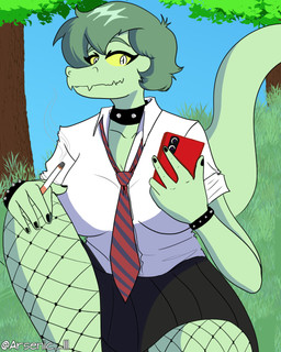 5_fingers alternate_costume anthro black_nails blue_sky bottomwear bracelet breasts cellphone cigarette clothing collar collared_shirt colored_nails day dress_shirt electronics eyelashes female fingers fishnet_clothing fishnet_legwear green_body green_hair green_scales grey_eyes hair holding_cigarette holding_object jewelry kneeling legwear long_tail looking_at_viewer nails necktie outside phone plant scales shirt short_hair skirt sky smartphone smile smoking smoking_cigarette snout solo spiked_bracelet spiked_collar spikes tail text topwear tree yellow_sclera arsenic_iii cavemanon_studios i_wani_hug_that_gator olivia_halford baryonyx dinosaur prehistoric_species reptile saurischian scalie spinosaurid theropod 2025 4:5 artist_name digital_drawing_(artwork) digital_media_(artwork) hi_res watermark