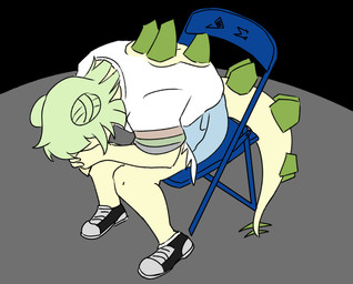 abstract_background anthro back_spikes bottomwear clothing denim denim_bottomwear denim_clothing denim_shorts double_bun female folding_chair footwear green_hair hair hair_bun long_tail scales shirt shoes shorts sitting sneakers solo spiked_tail spikes spikes_(anatomy) t-shirt tail topwear yellow_body yellow_scales jacket_ignites cavemanon_studios goodbye_volcano_high ko_op_(game_developer) neon_genesis_evangelion shinji_in_a_chair snoot_game stella_(gvh_beta) dinosaur ornithischian prehistoric_species reptile scalie stegosaurian stegosaurus thyreophoran 2024 digital_drawing_(artwork) digital_media_(artwork) hi_res meme