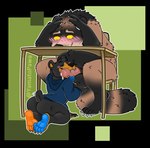 anthro ball_fondling balls belly blush bodily_fluids bottomless butt clothed clothing dripping duo fondling genital_fluids genitals hoodie male male/male nub_tail paws precum precum_drip presenting presenting_hindquarters size_difference topwear under_table yamatopawa yamato_burr american_black_bear bear black_bear canid canine mammal raccoon_dog tanuki ursine hi_res trans_(lore) trans_man_(lore)