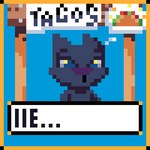 anthro black_body blue_eyes food solo taco text raven404 domestic_cat felid feline felis mammal 1:1 animated digital_media_(artwork) loop pixel_(artwork) pixel_animation short_playtime