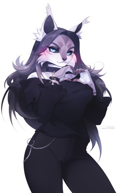 anthro black_bottomwear black_clothing black_pants black_sclera black_topwear blue_eyes blush bottomwear brown_body brown_fur cheek_tuft clothed clothing facial_tuft female female_anthro front_view fur hair long_hair looking_at_viewer mouth_closed pants simple_background solo text topwear tuft white_background white_body white_fur unknowhiter felid mammal 2025 artist_name dated hi_res