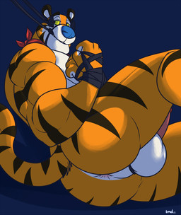 anthro anus backsack ball_ring balls bdsm biceps bit_gag black_body black_fur blue_nose bondage bound countershading fur gag gagged genitals halter harness harness_bit_gag harness_gag kerchief male male_anthro mascot mostly_nude multicolored_body multicolored_fur muscular muscular_anthro muscular_male muscular_sub muzzle_(object) muzzled neckerchief neckwear orange_body orange_fur penis perineum petplay ponyplay roleplay seductive simple_background solo striped_body striped_fur stripes submissive submissive_male white_body white_fur yellow_sclera toomuchdynamite frosted_flakes kellogg's tony_the_tiger felid mammal pantherine tiger 2017 absurd_res digital_drawing_(artwork) digital_media_(artwork) hi_res