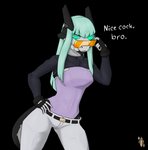 anthro breasts clothed clothing dialogue eyewear female glowing glowing_eyes grin hand_on_hip humor machine simple_background smile solo speech_bubble sunglasses text transparent_background fiftyfifthfleet nice_cock_bro android robot alpha_channel english_text hi_res meme