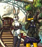 anatid anseriform anthro arm_warmers armwear avian balls bird bottomwear bra bugs_bunny butt caboose_railcar chastity_cage chastity_device clothed clothing cool. creek crossdressing daffy_duck drag_queen duck duo femboy flat_chastity_cage genitals hi_res lagomorph leg_warmers leggings legwear leporid lipstick looney_tunes makeup male male/male mammal mostly_nude outside pinup pose presenting presenting_hindquarters rabbit railcar river skinny skirt smug tights train train_tracks underwear vehicle warner_brothers