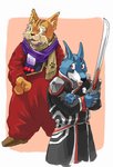 anthro biped black_nose blue_body blue_fur clothed clothing duo fur humanoid_hands kemono male red_eyes scarf simple_background tongue tongue_out weapon leoponleopon juken_sentai_gekiranger power_rangers super_sentai tokusou_sentai_dekaranger doggie_kruger master_sha-fu canid canine canis domestic_dog felid feline mammal 2007