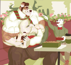 anthro anthro_on_anthro barazoku beverage big_bulge big_muscles bodily_fluids bottomwear breastfeeding brown_body brown_bottomwear brown_clothing brown_fur brown_hair brown_pants bulge cafe clothing container cup feeding flower food fur green_bottomwear green_clothing green_pants green_shirt green_topwear group hair holding_arm huge_bulge huge_muscles jacket lactating larger_anthro larger_male looking_at_another lunch lunchbox male male/male male_breastfeeding male_lactation muscular muscular_anthro muscular_male necktie nipples on_lap pants pec_grab pecs pink_flower plant red_clothing red_jacket red_topwear shirt size_difference smaller_anthro smaller_male tan_body tan_fur topknot topwear trio vein veiny_muscles white_body white_clothing white_fur white_shirt white_topwear vaniwall background_character hank_howell_(vaniwall) zack_howell border_collie canid canine canis collie domestic_dog domestic_ferret herding_dog mammal mustelid musteline pastoral_dog sheepdog true_musteline weasel absurd_res hi_res father_(lore) father_and_child_(lore) father_and_son_(lore) parent_(lore) parent_and_child_(lore) parent_and_son_(lore) son_(lore)