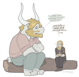 anthro barefoot beard blonde_hair dialogue duo eyewear facial_hair feet fur glasses hair horn log long_ears male mature_anthro mature_male simple_background text white_background white_body white_fur wood cereology fullmetal_alchemist undertale undertale_(series) asgore_dreemurr van_hohenheim boss_monster_(undertale) bovid caprine human mammal english_text hi_res