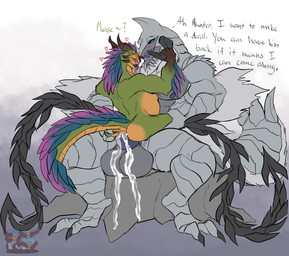 anal anal_penetration anthro balls big_balls bodily_fluids cum cum_in_ass cum_inflation cum_inside dialogue duo genital_fluids genitals heart_symbol holding_horn horn inflation male male/male penetration size_difference tail text daikuhiroshiama capcom monster_hunter arkveld bird_wyvern flying_wyvern scalie seikret 2025 english_text hi_res