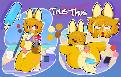 accessory anal anal_penetration anthro balls beach bikini bodily_fluids clothed clothing cooler cum cum_on_face cybernetic_arm cybernetic_limb electronics femboy food food_fetish food_insertion food_play genital_fluids genitals hair_accessory hairpin improvised_sex_toy kneeling leaking_precum male nude partially_clothed penetration penis phone popsicle precum red_eyes scar solo spread_legs spreading swimwear temperature_play two-piece_swimsuit yellow_body keryel thusthus_(character) hare lagomorph leporid mammal absurd_res hi_res model_sheet