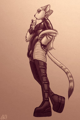 alcohol anthro beverage biped boots bulge clothed clothing crossdressing detailed_bulge drinking_straw ear_piercing ear_ring fingerless_gloves footwear fur_coat gloves hand_on_hip handwear high_heeled_boots high_heels latex latex_clothing latex_leotard legwear leotard lipstick long_nails looking_at_viewer low-angle_view makeup male male_anthro piercing ring_piercing shoes side_butt side_view simple_background solo standing stripes tail thigh_boots thigh_highs glopossum junip felid feline felis mammal sand_cat 2025 digital_media_(artwork) hi_res monochrome sepia sketch