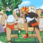 1:1 anthro anthrofied arm_support athletic bench bottomwear bulge clothed clothing crop_top duo footwear fuze generation_6_pokemon gogoat hand_on_leg hand_on_thigh hi_res hotpants leaning_on_elbow looking_at_viewer male midriff navel nintendo nipple_slip nipples outside park_bench plant pokemon pokemon_(species) pokemorph pyroar shirt shoes shorts skimpy smile smirk step_pose tank_top topwear tree
