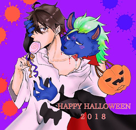 blood bodily_fluids candy dessert duo food holidays licking lollipop male male/male tongue tongue_out ohuro3713 halloween lifewonders tokyo_afterschool_summoners nyarlathotep_(tas) protagonist_(tas) twink_protagonist_(tas) human hyena mammal spotted_hyena vampire
