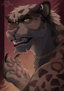 anthro bridge_piercing brown_body brown_claws brown_fur chin_piercing claws ear_piercing ear_ring facial_piercing fangs fur glistening glistening_eyes male male_anthro nose_piercing open_mouth orange_eyes pawpads piercing pink_pawpads pupils red_tongue ring_piercing side_view slit_pupils solo teeth tongue santanahoffman felid mammal hi_res