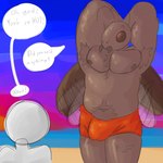 antlers armpit_hair beach body_hair brown_body bulge clothing grey_body hands_behind_head horn male muscular pubes seaside swimming_trunks swimwear wings palister35 ych_(character) arthropod blattodea cockroach insect 1:1 hi_res