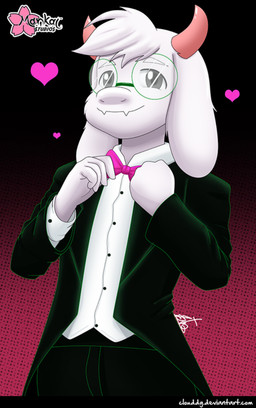 5_fingers adjusting_neckwear anthro black_bar bottomwear bow_(feature) bow_tie butler clothing eyewear fingers fur glasses heart_symbol hearts_around_body hearts_around_head horn male necktie neckwear pants smile solo text uniform white_body white_fur clouddg deltarune deviantart undertale_(series) ralsei bovid caprine darkner goat mammal 2021 signature url watermark
