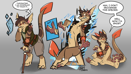 5_fingers 5_toes animal_genitalia anthro armor bottomwear bracers brown_body brown_fur brown_hair claws clothed clothing crystal feet fingers foot_focus full_pad fur genitals hair jacket male mid_transformation nose_plates orange_eyes padded_palms pawpads paws pink_pawpads pink_soles sheath shirt shorts shoulder_crystals spade_tail species_transformation tail tan_body tan_fur text toes topwear transformation transformation_sequence vaporized_clothing adalore professor_(razim) professor_von_eucalyptus slatepaw marcep 16:9 2025 english_text hi_res widescreen