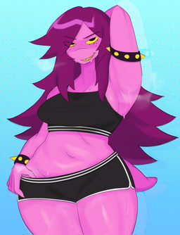 anthro armband armpit_fetish athletic_wear bodily_fluids bottomwear bra bracelet breasts clothing crotch_lines female freckled_breasts freckled_face freckled_shoulders freckled_tail freckles gym_bottomwear gym_shorts hair hand_behind_head hotpants jewelry looking_at_viewer non-mammal_breasts pink_body pink_scales purple_hair scale_freckles scales shorts smile solo spiked_armband spiked_bracelet spikes sports_bra sweat sweaty_armpit tail underwear newsigridzboonx deltarune undertale_(series) susie_(deltarune) reptile scalie hi_res