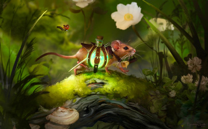 ambiguous_gender brown_body brown_fur clover_(plant) feral flower fungus fur grass mushroom object_in_mouth outside plant potion quadruped solo tail walking whiskers mikrenart mammal mouse murid murine rodent 2024 absurd_res hi_res