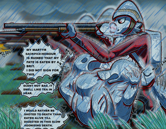 absorption_vore albino anthro army arthropod_abdomen battle belly bodily_fluids britain british bulge cannibalism clothing colonial costume critter devoured digestion drooling eurasian fatal feast grass group gun humor hungry hunted hunting joke licking male military oral organs parody plant raindrops raining ranged_weapon redcoat rivalry rumbling_stomach saliva savagery shitpost shooting smoke soaking soldier stomach text tongue tundra uniform united_kingdom victorian vore war warrior weapon wet whole jammie_monsta_doggo empire era canid canine canis imperial mammal unknown_species wolf english_text hi_res meme