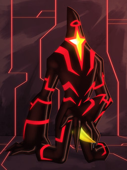 1_eye 4_fingers black_body blush bodily_fluids claws detailed_background featureless_feet feet finger_claws fingers genital_fluids genitals glowing glowing_genetalia glowing_genitalia glowing_penis light male markings noseless not_furry penis precum red_markings solo touching_penis yellow_penis lumen_fox ben_10 cartoon_network malware_(ben_10) alien galvanic_mechamorph 3:4 absurd_res hi_res lighting shaded