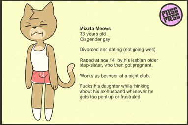 anthro bottomwear clothed clothing eyes_closed fur logo male profanity shorts solo stated_homosexuality stated_sexuality text yellow_body yellow_fur missmess mizzta_meows_(missmess) domestic_cat felid feline felis mammal artist_logo english_text hi_res model_sheet