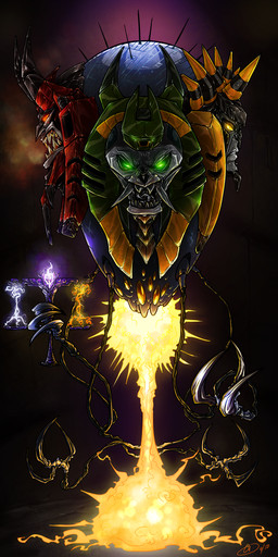 3_fingers 3_heads 4_arms ambiguous_gender balance_scale claws curved_horn fangs fingers fire frown green_eyes horn judge machine multi_arm multi_eye multi_face multi_head multi_limb multi_mouth not_furry open_mouth red_eyes scales scales_of_justice sharp_teeth simple_background solo teeth tendrils tongue yellow_eyes blackheartspiral hasbro takara_tomy transformers quintesson robot 1:2 digital_drawing_(artwork) digital_media_(artwork) hi_res