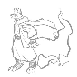 anthro belt clothed clothing head_tuft male mouth_closed narrowed_eyes robe side_view simple_background solo standing tuft unsigned asnnonaka canid mammal 1:1 digital_media_(artwork) full-length_portrait monochrome portrait sketch