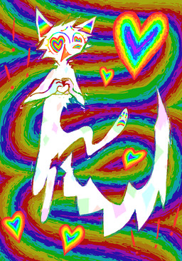 anthro fangs female fur gesture happy heart_gesture multicolored_eyes multicolored_line_art multicolored_pawpads pawpads rainbow rainbow_background rainbow_eyes rainbow_heart rainbow_inner_ear rainbow_iris rainbow_line_art rainbow_nose rainbow_pawpads rainbow_theme simple_background solo sparklefur teeth white_body white_fur demensa rainbowpaw_(demensa) canid canine canis domestic_dog mammal colored_line_art colorful_theme full-length_portrait hi_res portrait