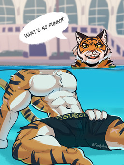 anthro clothing fur looking_at_viewer male muscular muscular_anthro muscular_male pool smile solo tail 4pie epic_games fortnite oscar_(fortnite) felid feline mammal pantherine tiger 3:4 digital_media_(artwork) hi_res