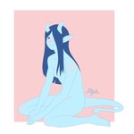 blue_body blue_hair blue_skin blush breasts convenient_censorship featureless_breasts female hair hair_covering_breasts hair_over_eye horn imp_tail mazri_(raylaruneheart) pink_eyes raylaruneheart_(artist) simple_background sitting smile solo tail humanoid tiefling 1:1 hi_res