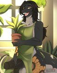 anthro apron apron_only balls big_penis black_body black_hair black_penis black_scales clothing fangs femboy front_view genitals hair huge_penis humanoid_genitalia humanoid_penis long_tail male mostly_nude open_mouth penis plant plant_pot potted_plant scales smile solo standing tail teeth thick_tail ventral_scales mochii_tiger reptile scalie snake absurd_res digital_media_(artwork) hi_res