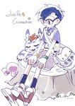 blue_hair blush claws duo eyewear feral fur glasses hair log male sitting white_body white_fur wood lanllan bandai_namco digimon joe_kido digimon_(species) gomamon human mammal