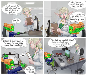 4_panel_comic angry annoyed blonde_hair blue_eyes bodily_fluids camera clipboard desk dialogue duo ear_piercing ear_ring female furniture green_body green_skin hair hair_bun happy humanoid_pointy_ears not_furry office office_desk piercing pointy_ears ring_piercing rock sharp_teeth shortstack size_difference sweat table teeth text webcam mario-grant elf_supervisor_(mario-grant) ms._nasbh'ke_(mario-grant) elf goblin humanoid 2026 english_text hi_res