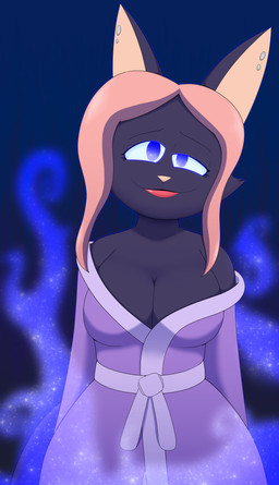 anthro bathrobe black_body black_fur breasts cleavage clothed clothing dazed ear_piercing ear_ring female fur glowing glowing_eyes hair mind_control piercing pink_hair ring_piercing robe smoke solo inversecalamity mighty_magiswords bimm domestic_cat felid feline felis mammal absurd_res hi_res