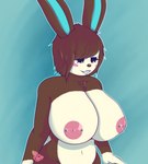 absurd_res animal_crossing anthro areola big_breasts blush breasts brown_body buckteeth carmen_(animal_crossing) chest_tuft female fur fur_tuft hair hare hi_res highlights_(coloring) lagomorph leporid looking_down mammal multicolored_body nintendo nipple_piercing nipples nude outline piercing rabbit simple_background smile solo sp_advanced teeth tuft