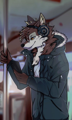 5_fingers anthro cellphone clothing electronics fingers fur headphones jacket male multicolored_body multicolored_fur phone pole public_transportation smartphone smile solo topwear two_tone_body two_tone_fur angiewolf canid canine canis mammal wolf 2022 hi_res